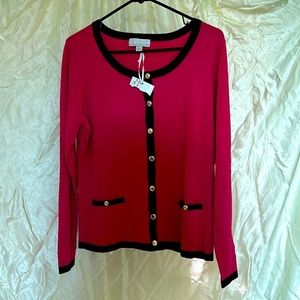 Brand new sweater, pink with black edges, Carolyn Taylor, long sleeves, Size L